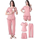 SUNNYBUY 3Pcs Ruffle Trim Postpartum Nursing Pajamas Set with Bowknot, Maternity Breastfeeding PJS Pregnancy Sleepwear