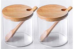 FANTESTICRYAN 2 PCS Clear Glass Condiment Canister Pots Set, Simple Stylish Decorative Storage Seasoning Container with Bamboo Lid & Spoon for Home Kitchen Café Storing Salt Sugar Spice (Round)