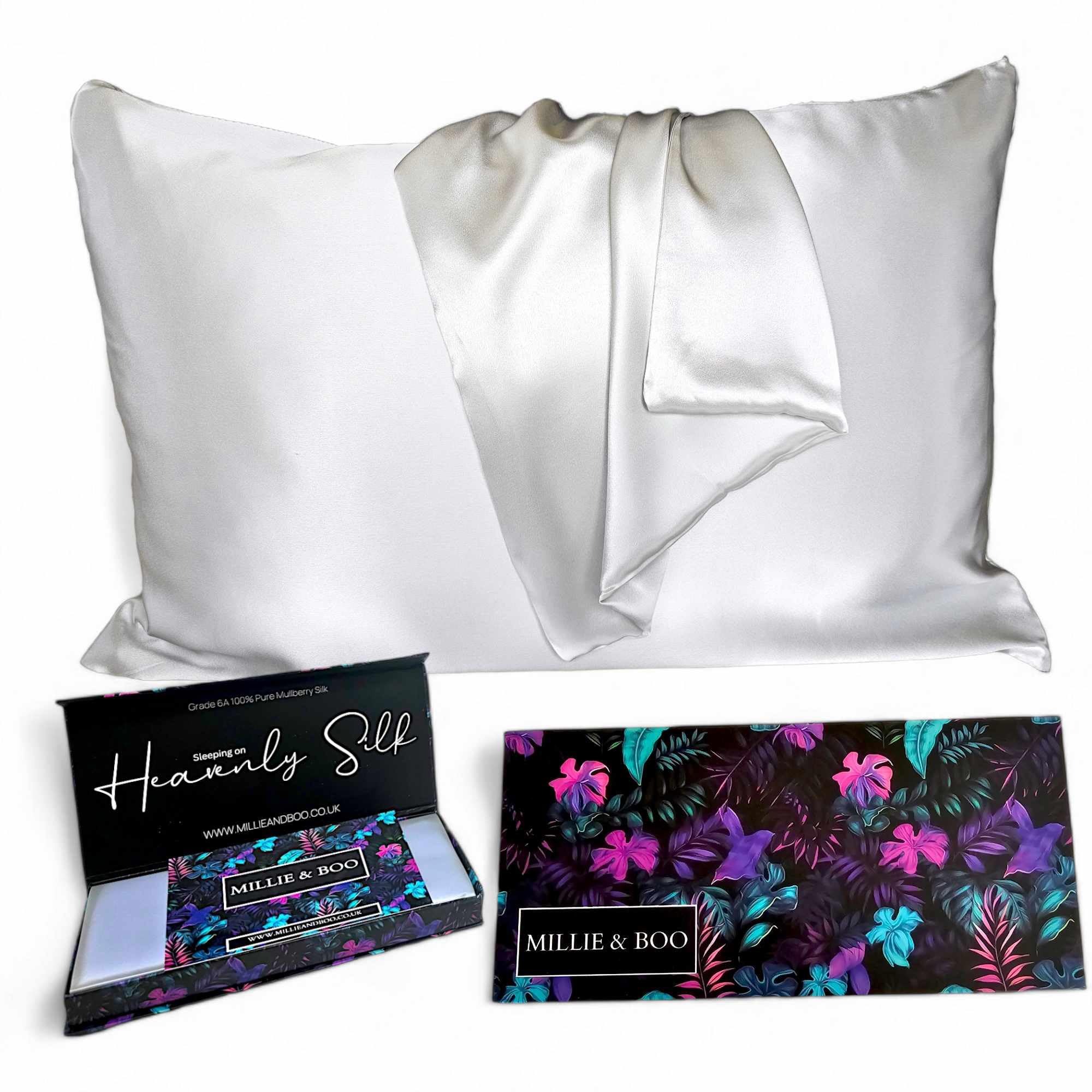 Millie & Boo Mulberry Silk Pillowcase 22 Momme, Organic Silk Pillowcase for Hair and Skin, 50 x 75 cm, Silver - Luxurious Gift Box for Women, Perfect for Beauty Sleep & Smooth Hair