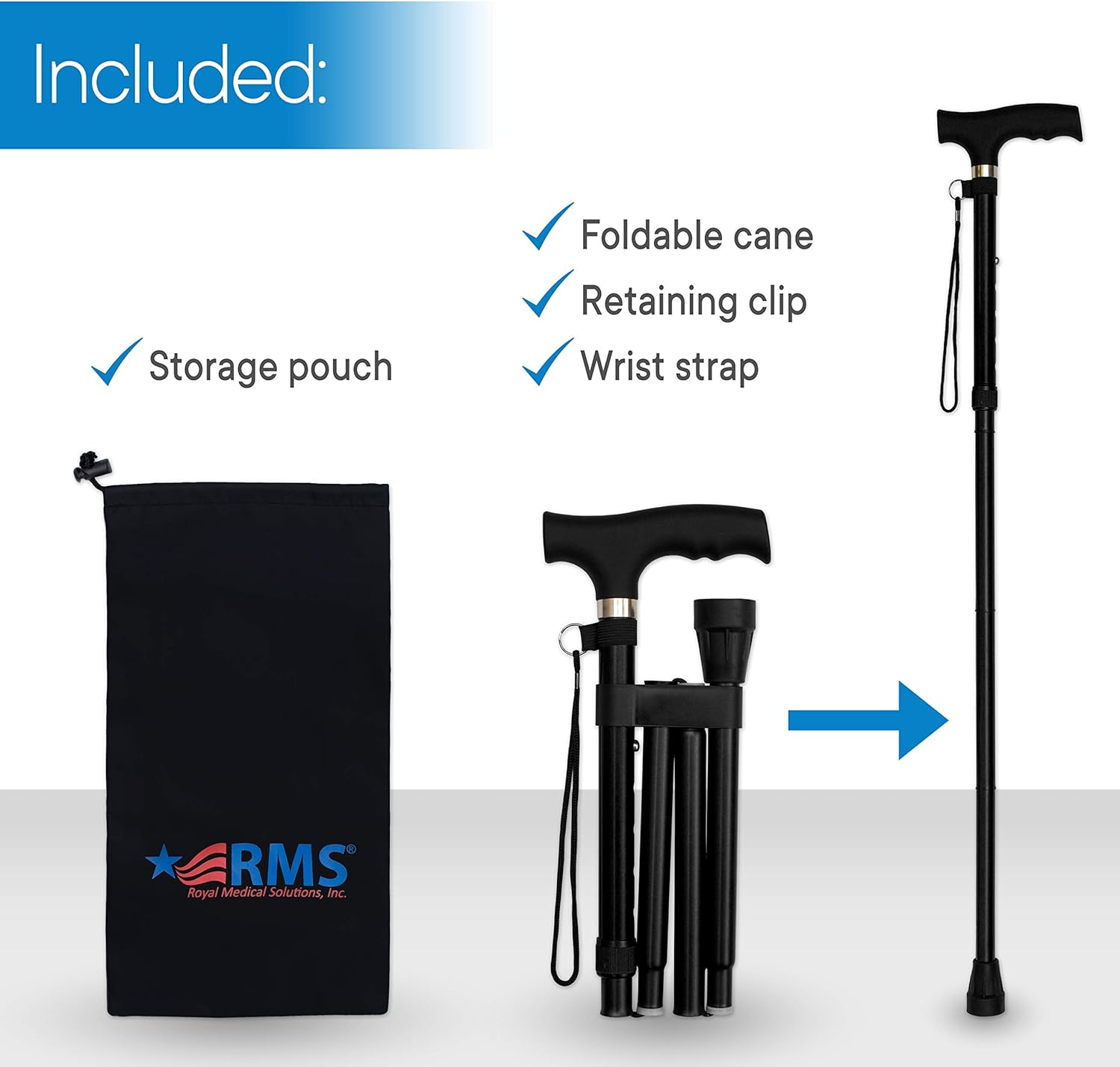 RMS Folding Cane - Foldable, Adjustable, Lightweight Aluminum Offset Walking Cane - Collapsible Walking Stick with Ergonomic Derby Handle - Ideal Daily Living Aid for Limited Mobility (Black): Health & Personal Care