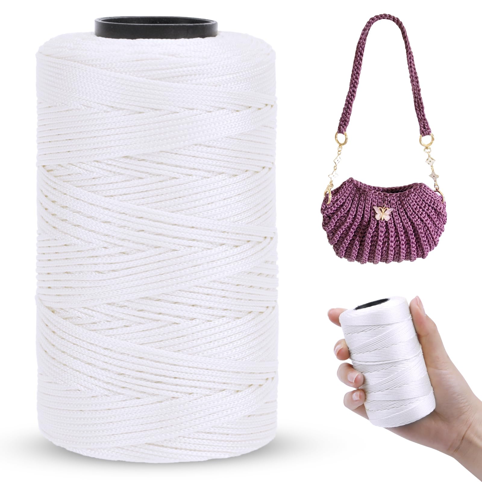 LEREATI Polyester Macrame Cord 1mm x 230m, Polyester Yarn for Crocheting, Braided Polypropylene Crochet Bag Cord Macrame Yarn for Handbag, Beading, DIY Crafts (White)