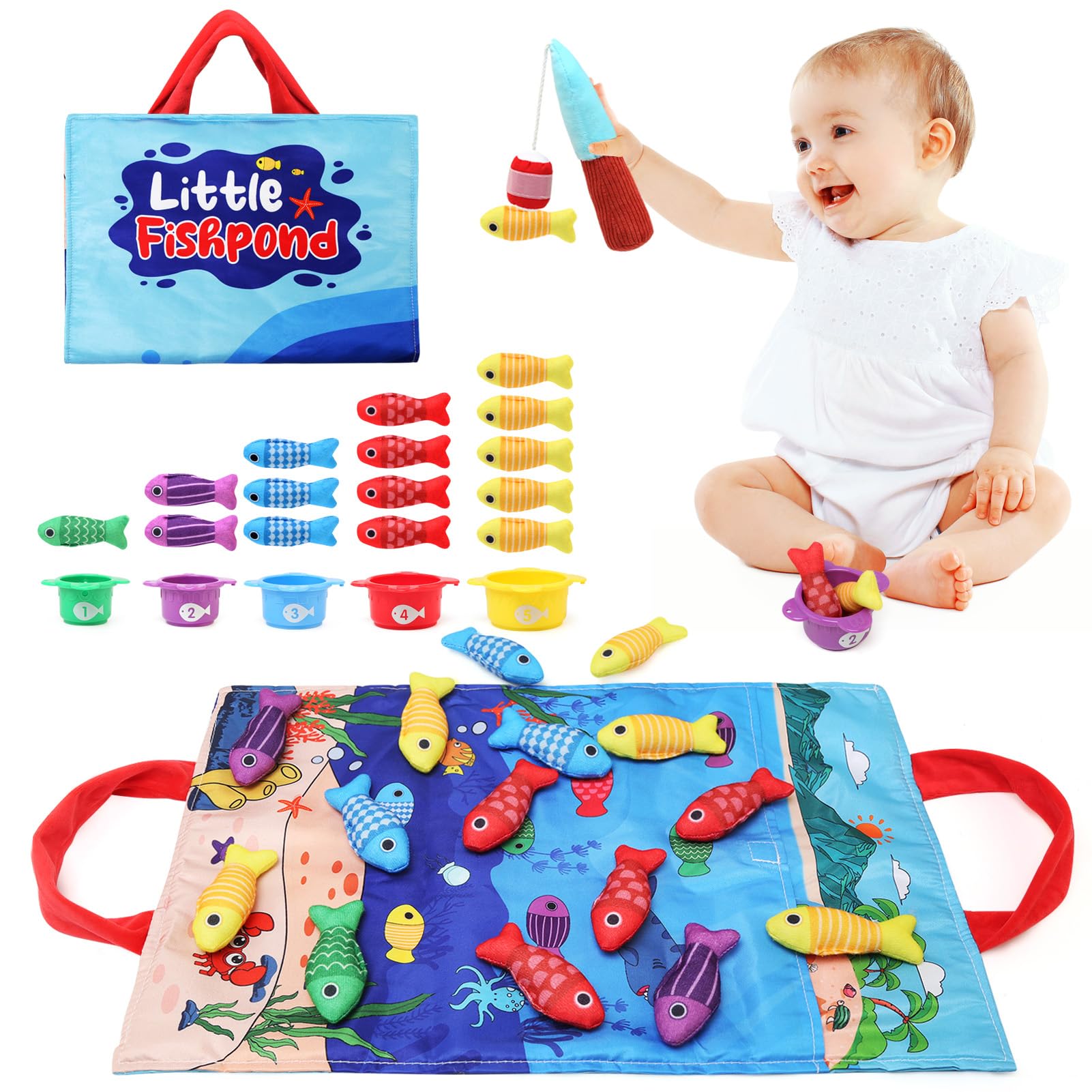 LEADSTAR Montessori Toys for 1 Year Old,22PCS Cloth Fishing Game Set with Stacking Cups for Baby 6 to 12 Months,Educational Learning Toys Number Counting,Color Sorting Baby Gifts for 1 2 3 Years Old