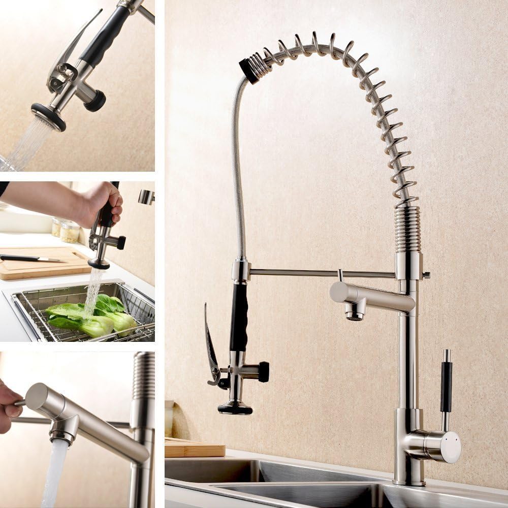 Luxice Commercial Solid Brass Single Handle High-Arc Deck Mounted Pull Down Kitchen Faucet Stainless Steel, Brushed Nickel Faucet with Special Spout Mixer Tap