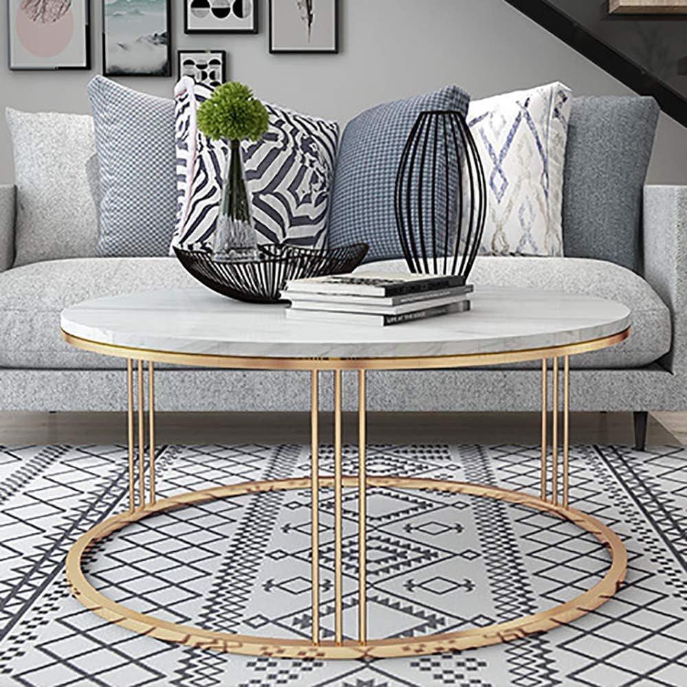 KgByy Marble Coffee Table Round Modern Living Room Center Table, Table for Living Room Home Office Furniture with Gold Color Metal Frame Easy Assembly,80cmdiameter