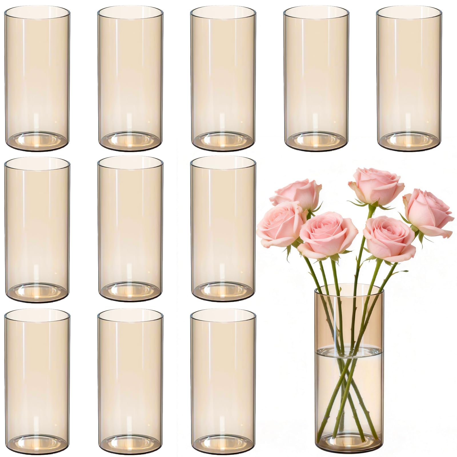 Photo 1 of 12pcs Amber Glass Cylinder Vases for Centerpieces, Gold 6 Inch Clear Flower Vases for Wedding Decorations and Indoor Home Decor, Hurricane Candle Holder for Table Shelf, Party