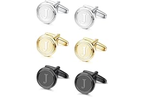 LOLIAS 3 Pairs Initial Cufflinks For Men Classic Mens CuffLinks Set Letter Cuff Links for Casual to Formal with Gift Box Silver Black 14K gold plated Cufflinks for Father Husband