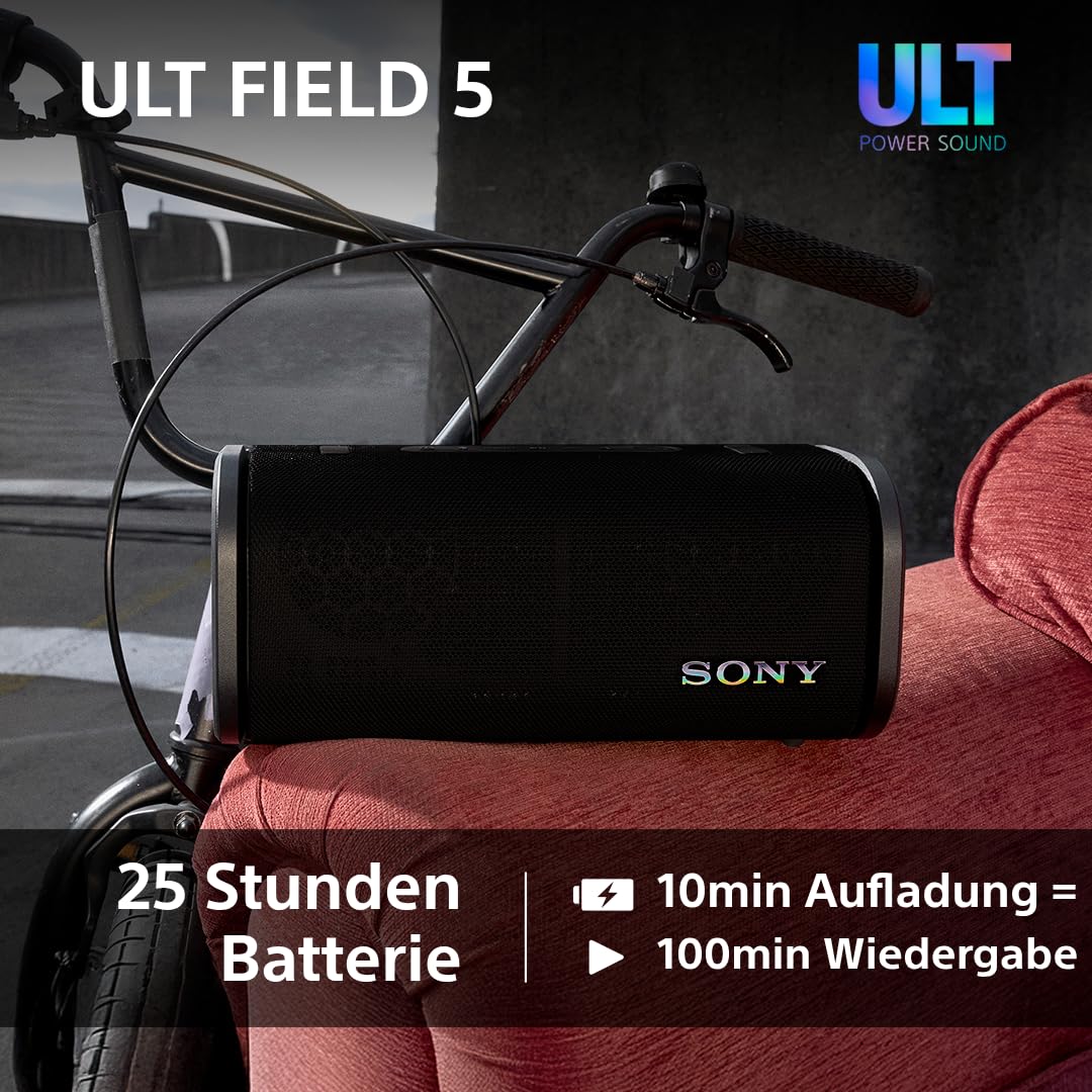 Sony ULT Field 5 - Leistungsstarker tragbarer Bluetooth-Lautsprecher, 25-Stunden-Akku, 2 x ULT Power Sound Modi, IP67, wasserdicht, staubdicht, 360° Lichter, Abnehmbarer Schulterriemen - Schwarz 6