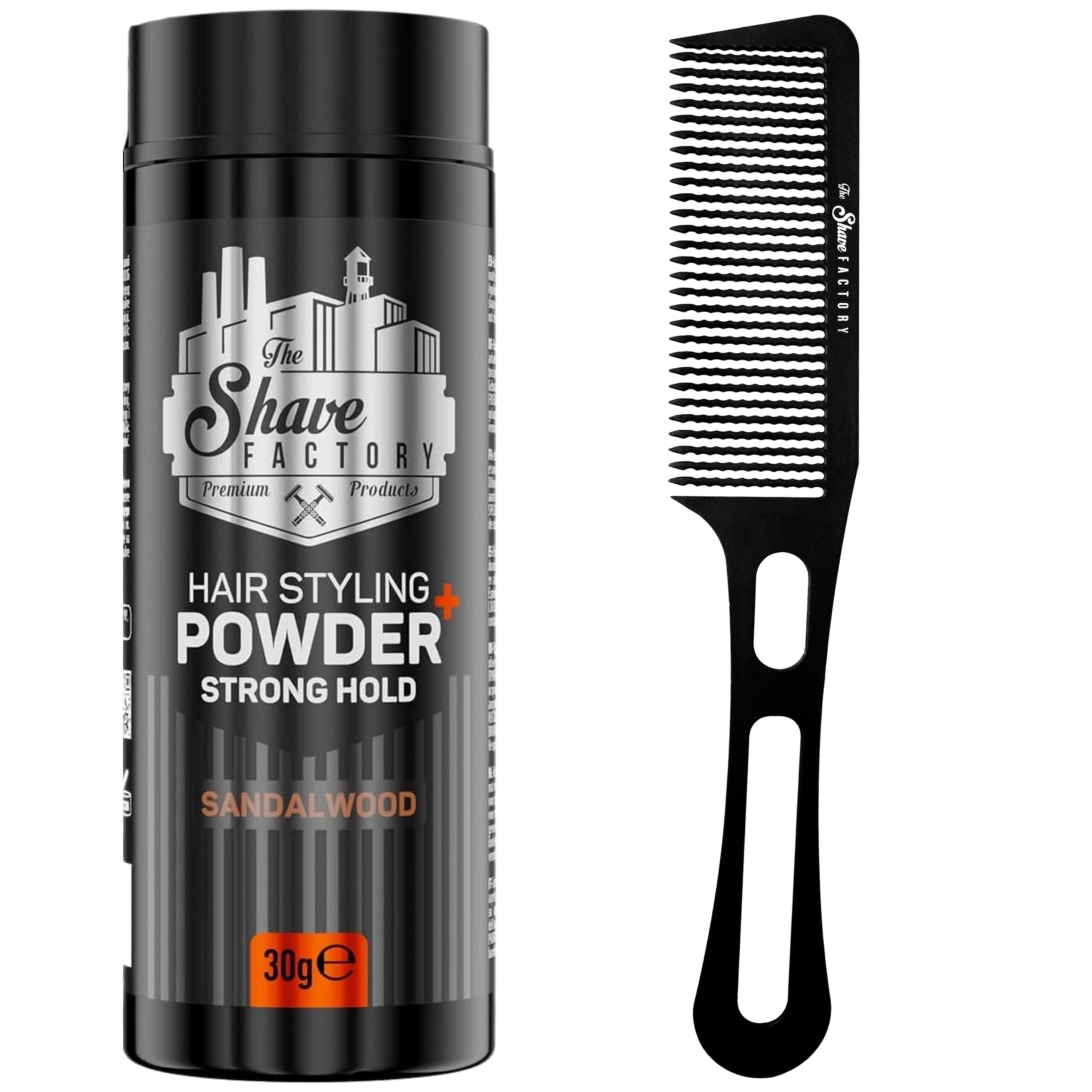 The Shave factory Hair Styling Powder - Mattifying and Volumizing Powder, with comb types suitable for all areas of use, hair comb and powder wax (Comb 050 & Strong Hold Styling Powder 30gr)