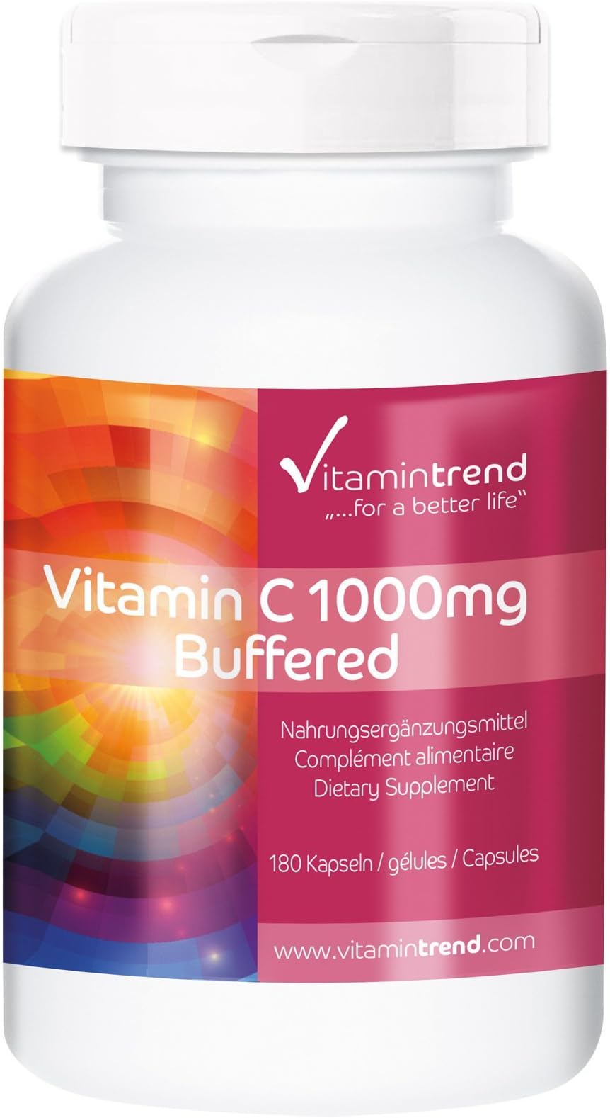 Vitamin C 1000mg buffered - ! Bulk Pack for 6 Months ! - Vegan - Gentle on The Stomach - 180 Capsules