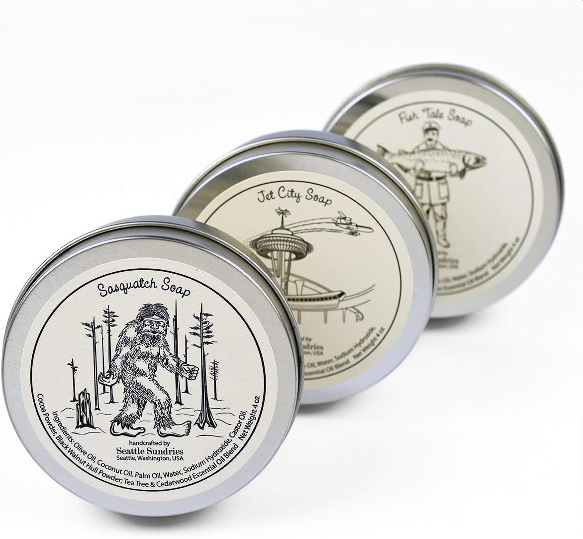 Cascadia Soap Gift Set - Pacific Northwest Souvenir Variety Pack for Men & Women - 3 (4oz) Bars in Retro Tins, Handmade Soap Made in Washington Gift Bundle