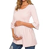 Ecavus Womens Casual Maternity Tops Striped Peplum 3/4 Ruffle Sleeve Shirt Ultra Soft Pregnancy Clothing