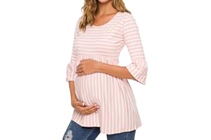 Ecavus Womens Casual Maternity Tops Striped Peplum 3/4 Ruffle Sleeve Shirt Ultra Soft Pregnancy Clothing
