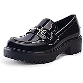 VETASTE Womens Lug Sole Platform Mid Chunky Heel Loafers Classic Round Toe Slip On Office Uniform Oxfords Shoes with Metal Chain