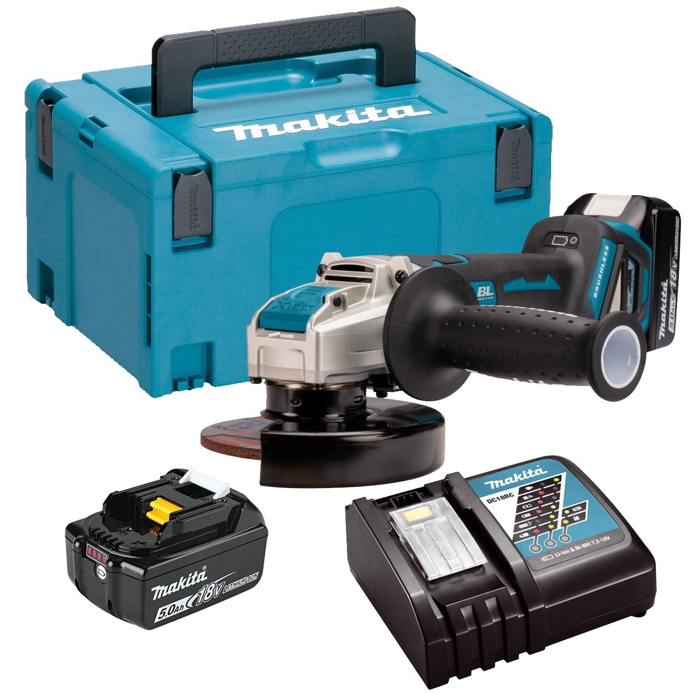Makita DGA519RTJ Smerigliatrice angolare 18 V/5,0 Ah, 2 batterie + Caricatore in MAKPAC