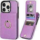 KIHUWEY for iPhone 14 Pro Case Wallet with Credit Card Holder, 360° Rotation Ring PU Leather Magnetic Clasp Kickstand Heavy Duty Protective Cover for Women and Men 6.1 Inch (Purple)