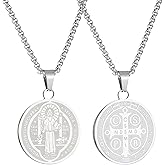 Plikin St Benedict Medals Necklace for Men Women Stainless Steel Cross Bible Verse Protection Pendant Necklace Saint Catholic Christian Jewelry Gifts