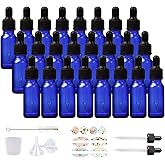 HWASHIN 24 Pack 1/2 oz Cobalt Blue Glass Bottles with Glass Eye Droppers for Essential Oils, Perfumes & Lab Chemicals (Brush,