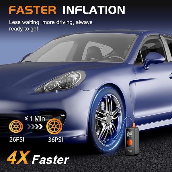 TIRE INFLATOR PORTABLE AIR COMPRESSOR, 4X FASTER & HIGH-CAPACITY BATTERY, PORTABLE TIRE INFLATOR WITH DIGITAL PRESSURE GAUGE, LED LIGHT, 150PSI AIR PUMP FOR CAR TIRES, SUV, MOTORCYCLE, BIKE, BALL, ETC