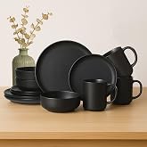 Furrnook 12-Piece Stoneware Dinnerware Set with Mugs | Microwave and Dishwasher Friendly | Stackable Matte Glaze Plates &amp; Bowls | Service for 3 (Black for 3)