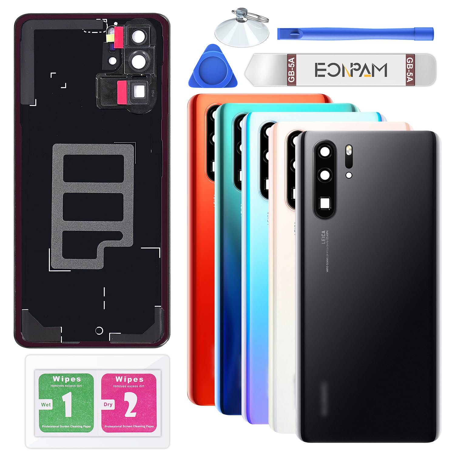 Eonpam Back Cover Glass for Huawei P30 Pro Rear Glass Replacement with Camera Lens + Repair Kit Genuine Rear Housing (Black)