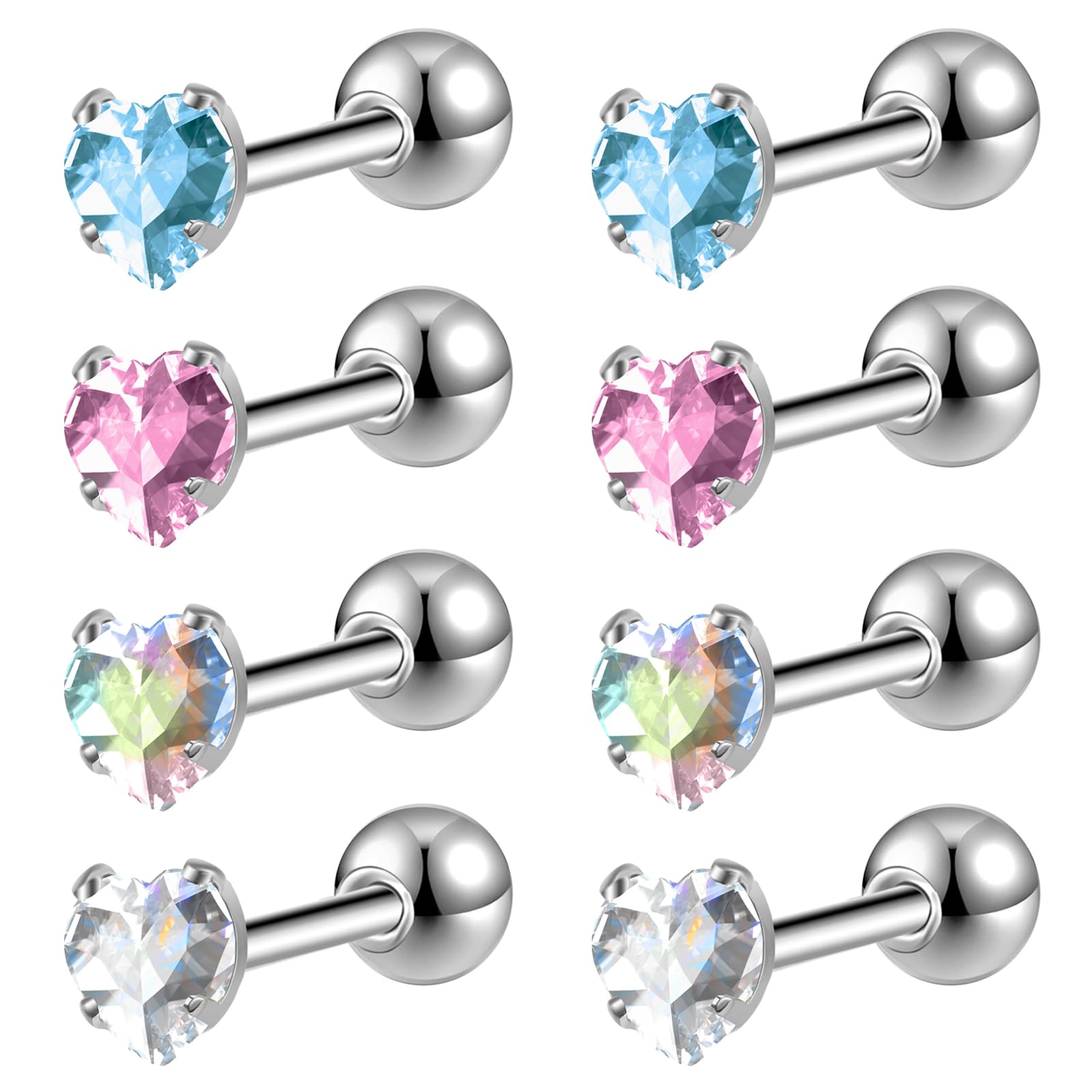 ZeSen Jewelry 4 Pairs of Shiny Cubic Zirconia Surgical Steel Cartilage Earring Sets Tragus Helix Conch Piercing, Surgical Steel Cubic Zirconia, Cubic zirconia