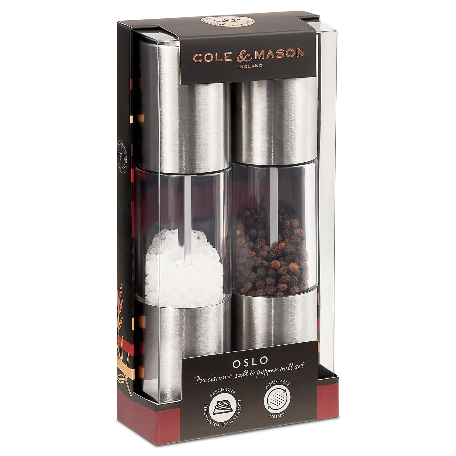 Cole & Mason Oslo Salt and Pepper Mills, Adjustable Grind Precision+, Stainless Steel/Acrylic, 185 mm, Gift Set, Includes 2 x Salt and Pepper Grinders