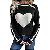 Verdusa Women's Heart Print Raglan Sleeve Sweaters Crew Neck Color Block Fall Pullovers