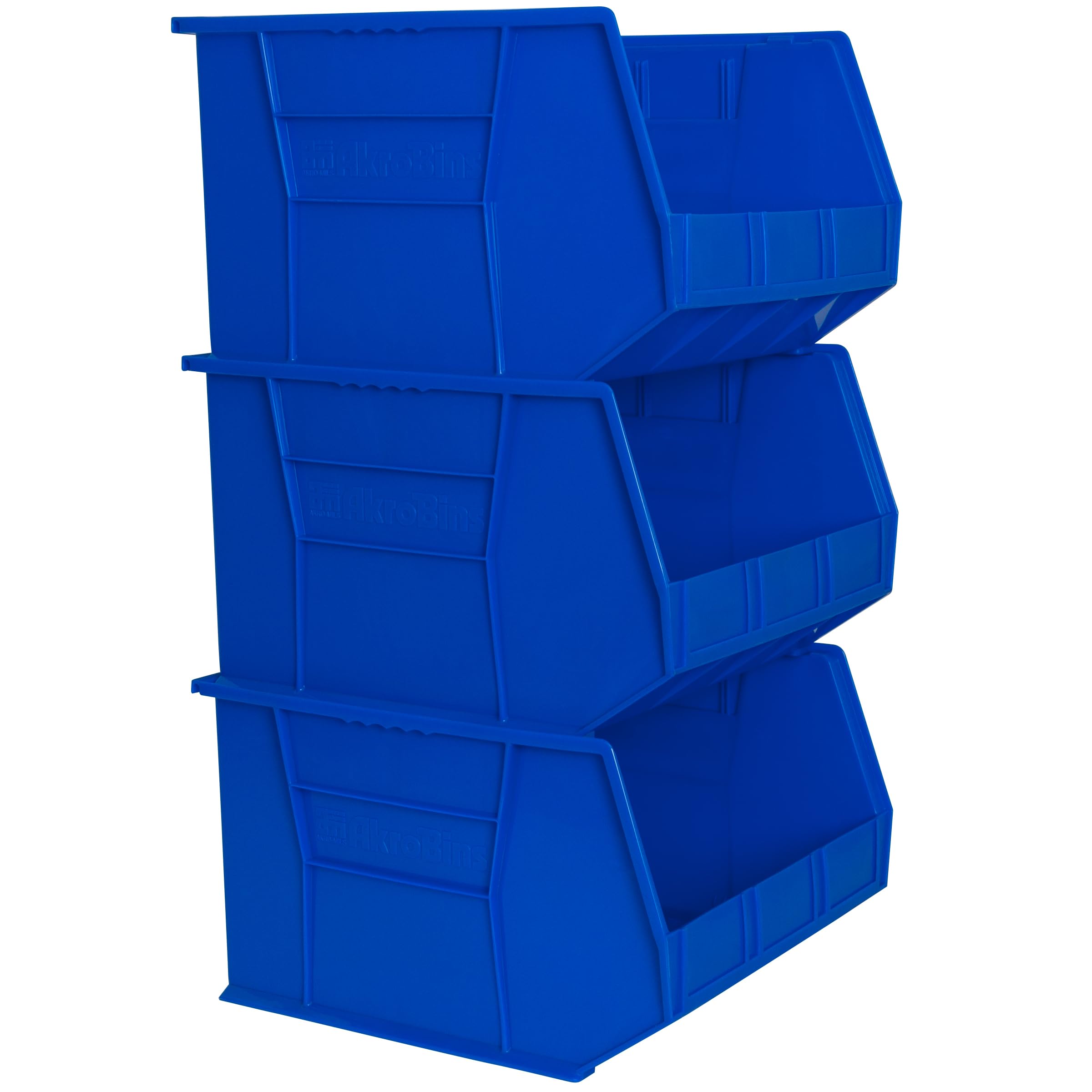 View 1 of ***POSSIBLY FOR PARTS ONLY/ 1 BIN HEAVILY DAMAGED*** Akro-Mils 30270 AkroBins Plastic Storage Bins, Space-Saving Stackable Bins for Garage, Pantry, Craft Organization, 18" x 16" x 11", Blue, 3-Pack