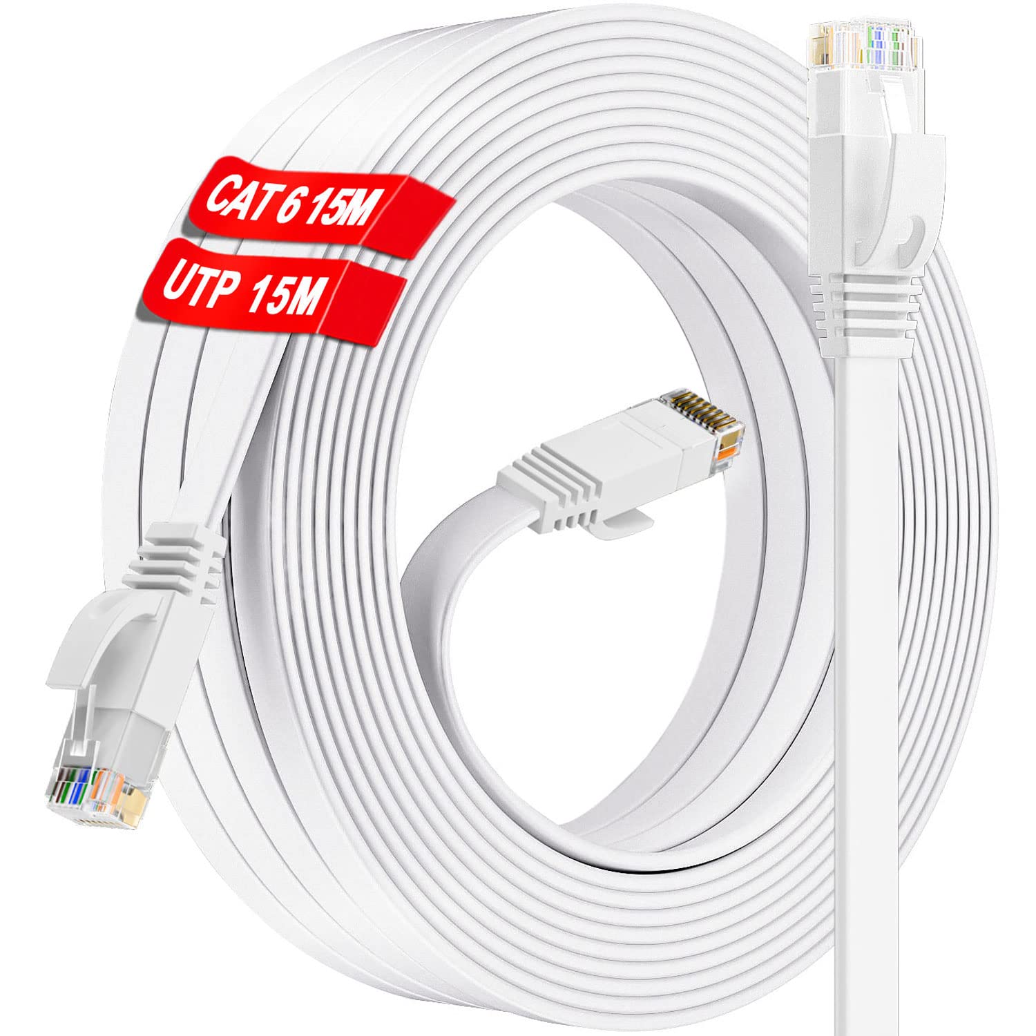 Ethernet Cable 15m, High Speed Internet Cable 15m Cat 6 Flat White Network Cable, Long RJ45 LAN Cable 15 meter 250MHz 1000Mbps UTP, Gigabit Broadband Patch Cable for Router Modem Switch PC (15 Clips)