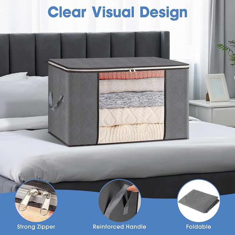 4 Stück 60L Groß Aufbewahrungstasche, Faltbare Unterbett Kleideraufbewahrung Schrank Organizer Set, für Bettwäsche, Kleidung, Decken, Kissen Quilt Saison Artikel Lagerung, 55x35x32cm — Foto 4 von 7
