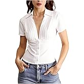 SOLY HUX Women's Pleated Collared Deep V Neck Shirt Button Down Short Sleeve Going Out Blouses