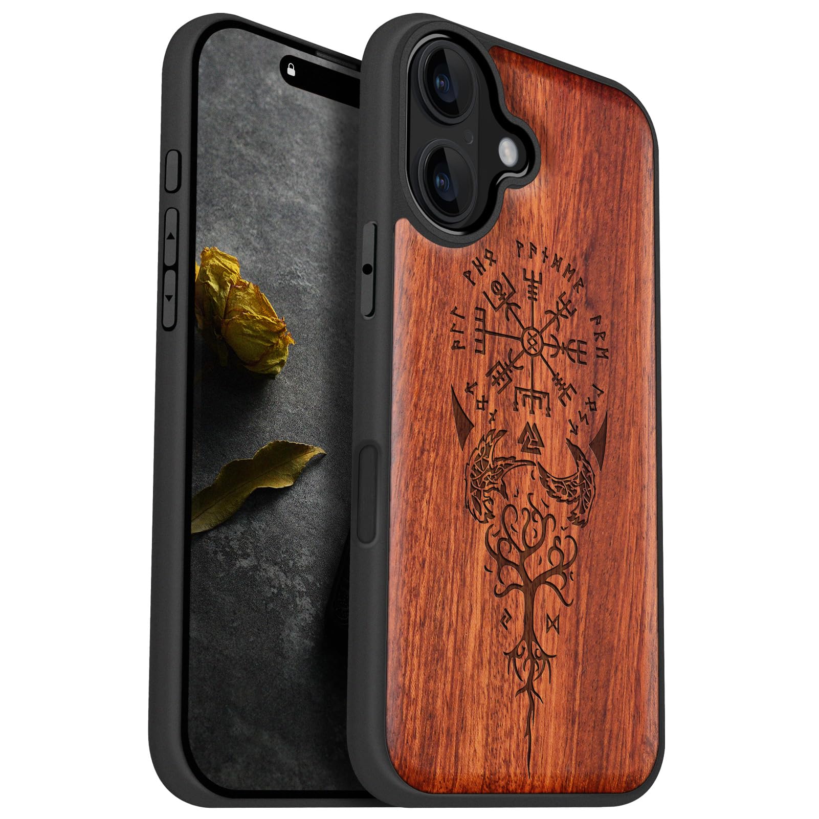 Carveit Magnetic Wooden Case for iPhone 16 Case, Wood Artisan Engraved & Black Soft TPU Shockproof Cover, Compatible with MagSafe Wireless Chargers (The Guiding Vegvisir) Rosy