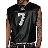 SOLY HUX Men's PU Leather Tank Tops Number Graphic Sleeveless Crew Neck Y2k Jersey Shirts Streetwear