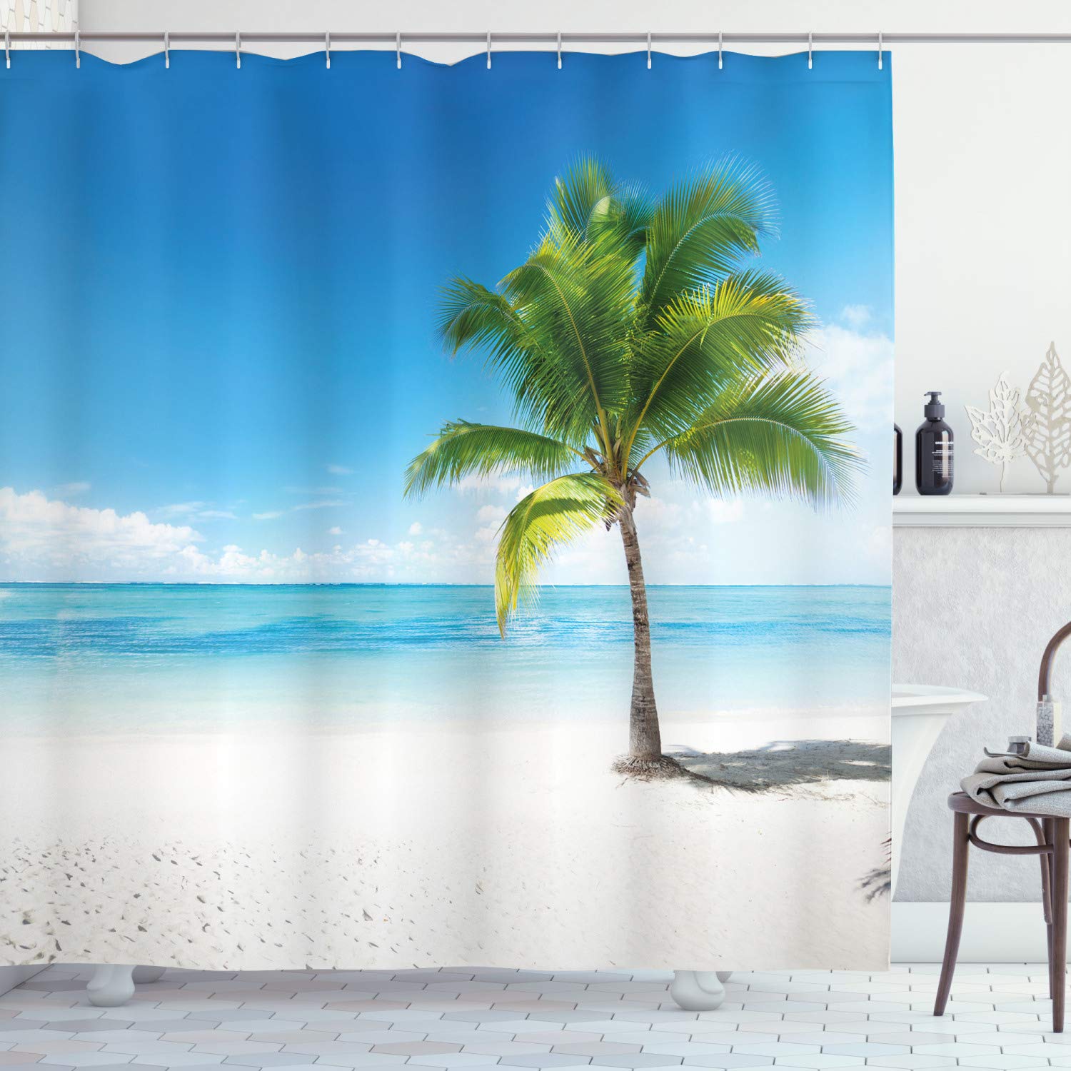 ABAKUHAUS Landscape Shower Curtain, Caribbean Maldives Beach Island Sea Ocean Palm Trees Artwork Print, Cloth Fabric Bathroom Decor Set with Hooks, 175 x 220 cm, Sky Blue Green And White — image 1