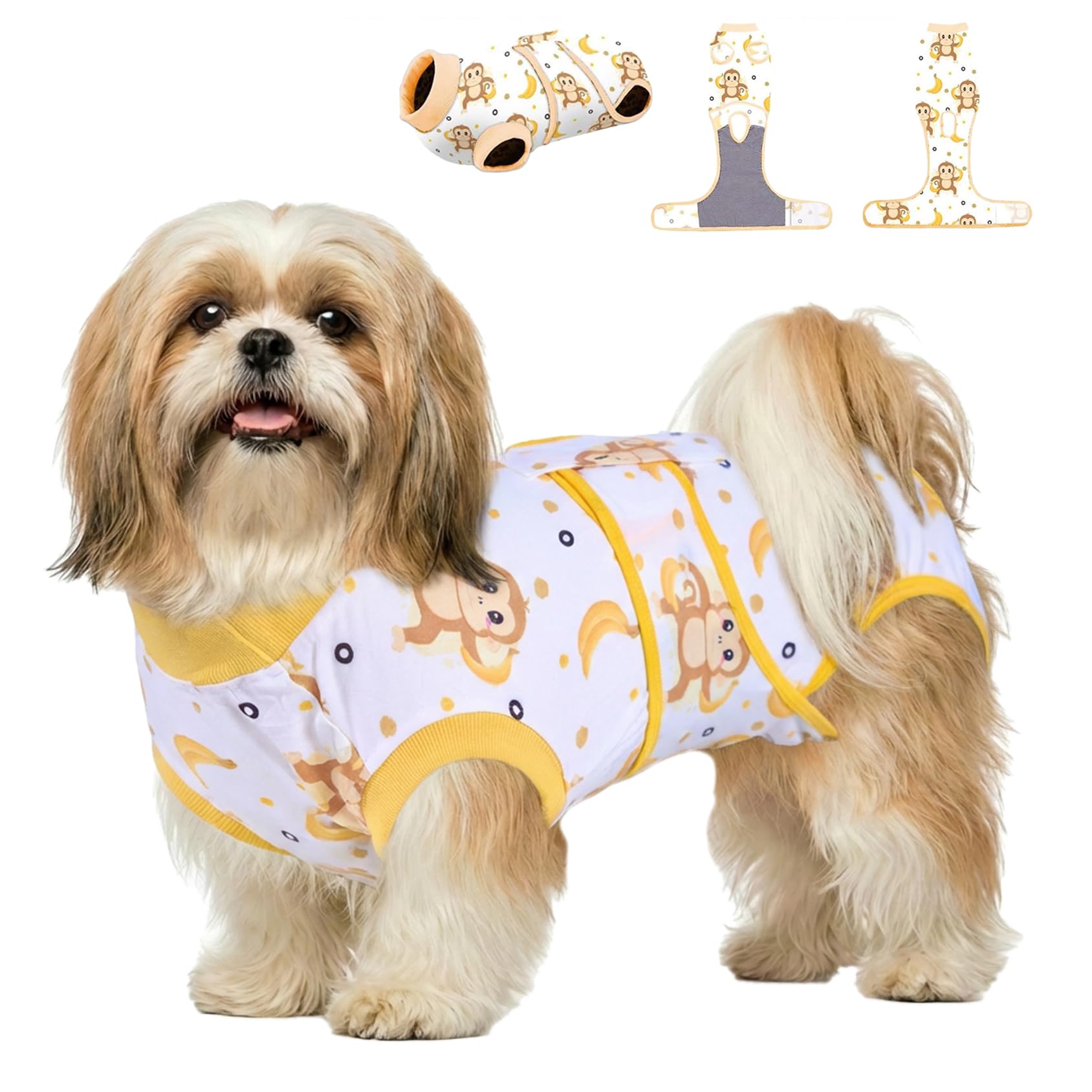 PetWarm Surgical Suit for Dogs Female, Recovery Suit for Dogs After Surgery, Dog Recovery Collars and Cones Alternative Dog Abdominal Wounds Bandages, Monkey Pattern, Yellow, XS