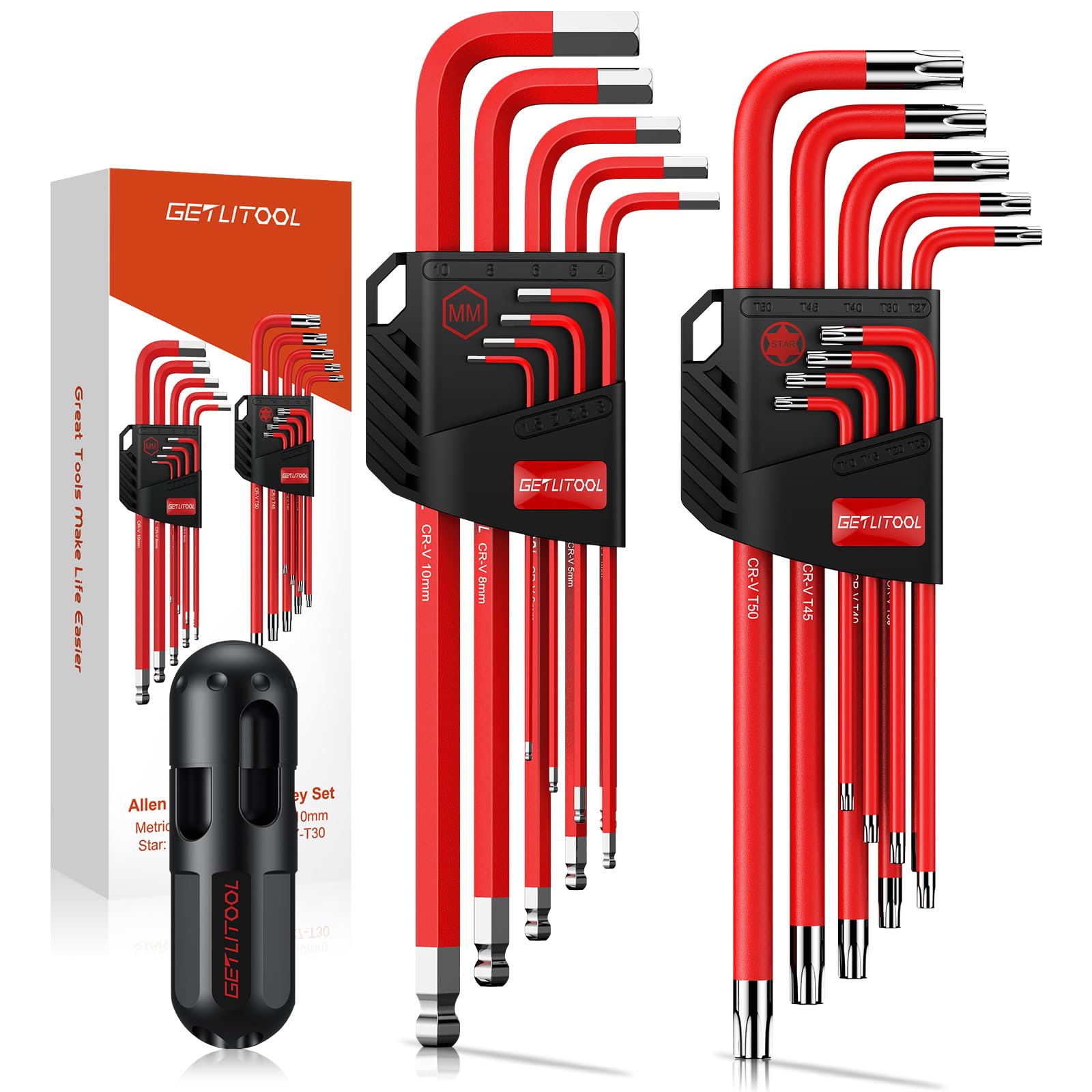 Photo 1 of GETLITOOL 18Pcs Hex Key Set, Metric Allen Key Set with T-Handle, Long Arm Ball & Torx End Allen Wrench Set with Size-Marked for Bicycle Repair, Furniture Assembly, 1.5-10mm & T10-T50