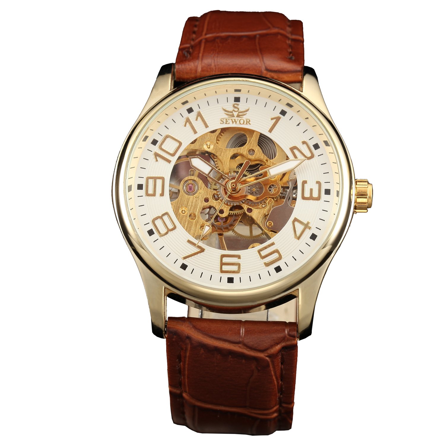 Sewor Mens Skeleton Transparent Mechanical Watch Brown Leather Skeleton Movement (Gold White)