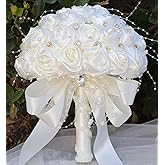 Mhojpik Bridal Wedding Bouquet Round Bling Brooch Bouquet Throw Toss Artificial Rose Flower Bunch for Bride Bridesmaid Wedding Quinceanera(Ivory, 6.3")