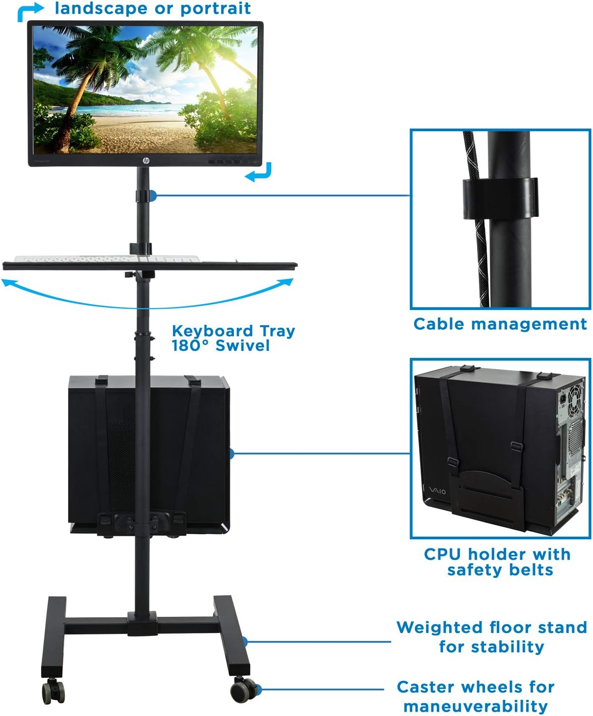 Mount-It! Rolling Computer Cart, Mobile Workstation with Tray Monitor Mount and CPU Holder, Height Adjustable and Mobile Stand for Office and Industrial Use : Office Products