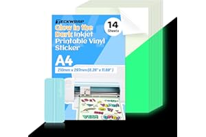 TECKWRAP Printable Vinyl Sticker Paper for Inkjet Printer, Glow in the Dark Vinyl Inkjet Printable Sticker Paper, 8.26" x 11.69" A4 Size for Scrap-booking, Craft Cutters, Home Decor, 14 Sheets/Pack