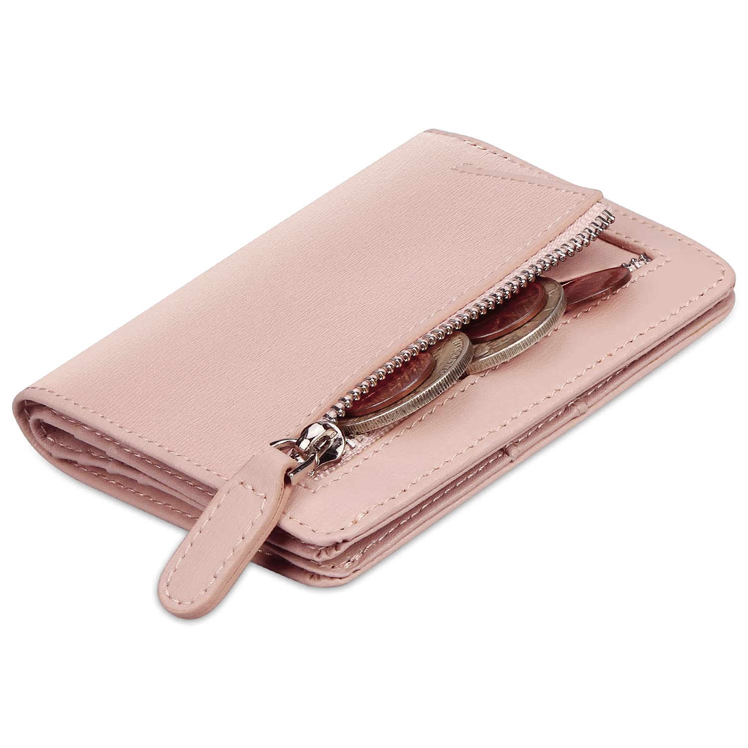 FT FUNTOR Small Wallet for Woman with Card Ladies Bifold Zipper Pocket RFID Blocking Leather Wallet Purse (Hand Graining Pink)