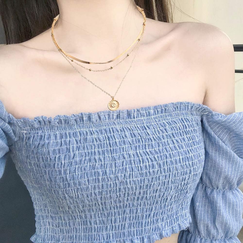 Ceqiny Multi-Layer Choker Necklace Bead Round Coin Necklace Pendant Adjustable Chain Necklace Long Chain Tassels 3-Layer Charm Pendant Choker Friendship Necklace Gift for Women Girls, Gold : Sports & Outdoors