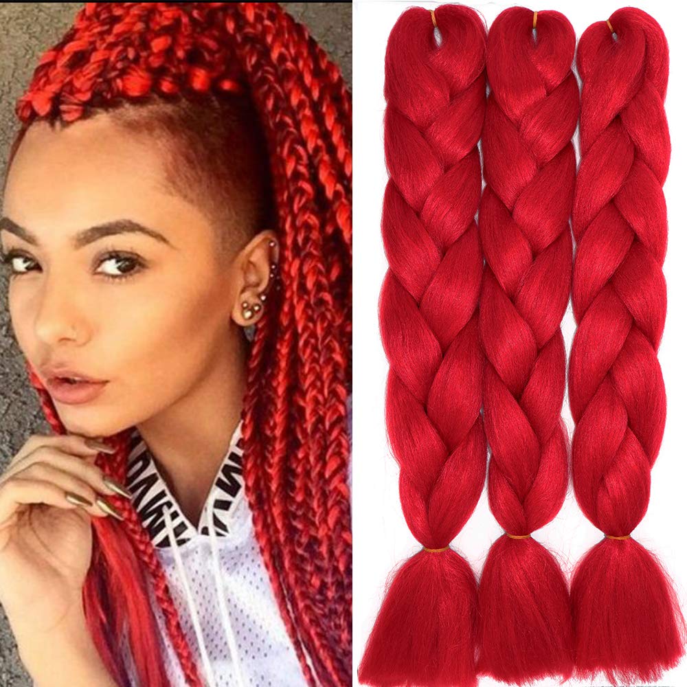 24" Braiding Hair Extension Jumbo Braids Synthetic 3bundles/pack Crochet Hair Afro Box Braid Heat Resistent (Red) — image 1