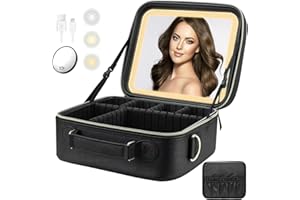 Divmceknyy Makeup Bag with LED Mirror - Portable Travel Makeup Bag with 3 Adjustable Brightness Lighted Mirror for Women - Waterproof Partitionable Makeup Train Cases Black