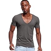 Deep V Neck T Shirt for Men Low Cut Vneck Tee Invisible Tshirt Vee Top Scoop Hem