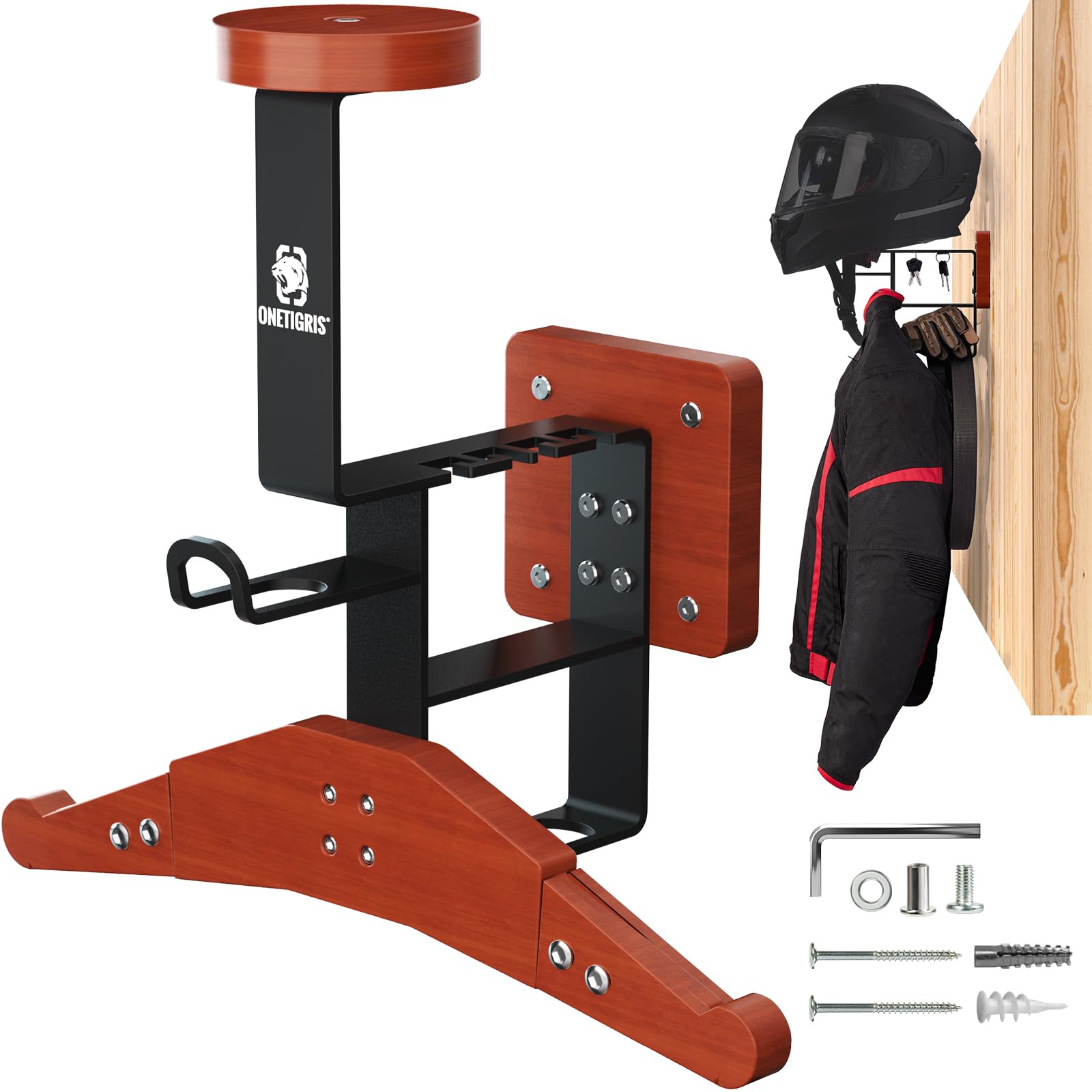 OneTigris Helmet Stand 2.0 Wall Mount – Adjustable Motorcycle Helmet Holder with Dual Hooks, Heavy-Duty 80KG Load, Easy Installation for Motorbike Gear, Jackets, Gloves & Bags