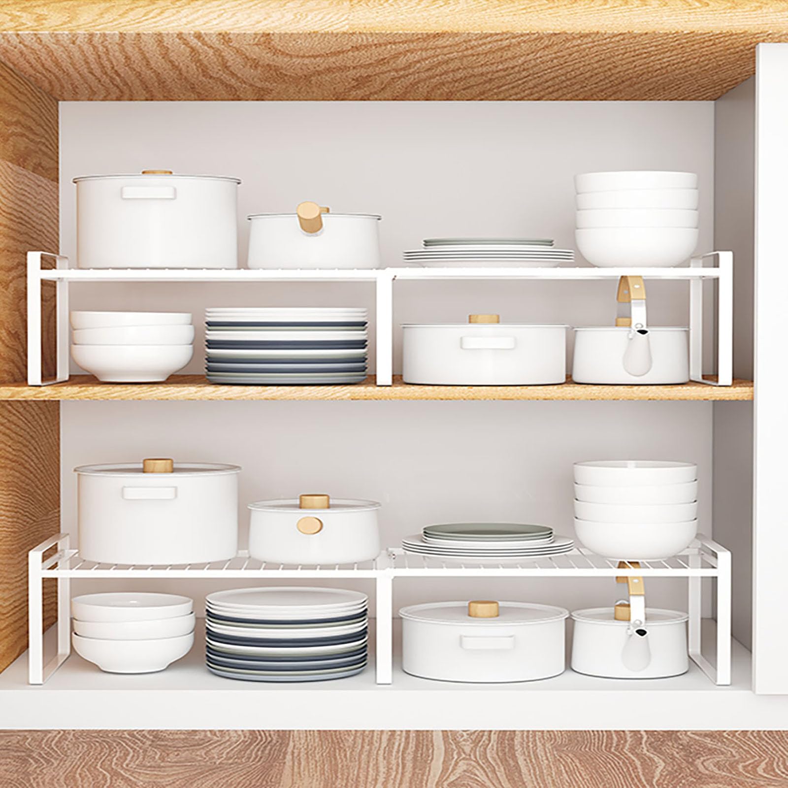 Photo 1 of 13"-24" L Expandable Cabinet Shelf Rack Set of 2, Stackable Kitchen Countertop Cupboard Organizers and Pantry Storage Shelves