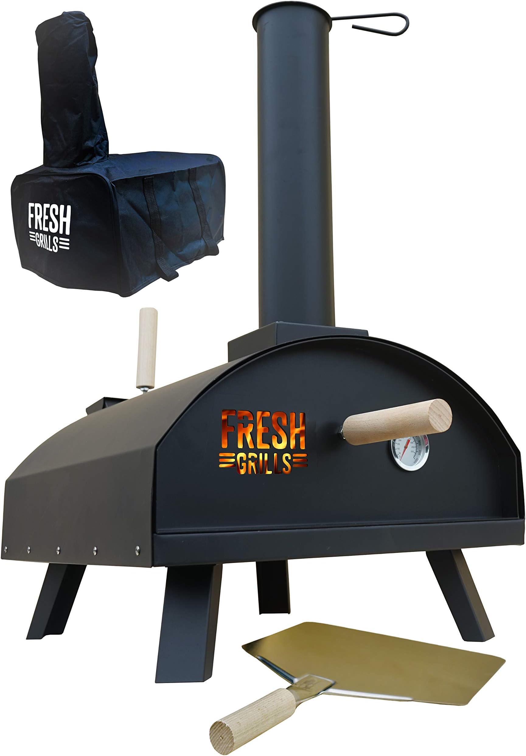 Table Top Outdoor Pizza Oven 12" 60 Second Cooking Dual Wall Portable Built-in Thermometer Multi-Fuel Wood Charcoal Pellets Authentic Stone Baked Pizzas 400°C Black Steel FREE Pizza Peel & Stone