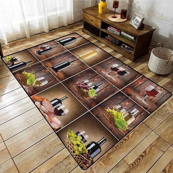Bedroom Rug，Wine，Wine Themed Collage on Wooden Backdrop with Grapes and