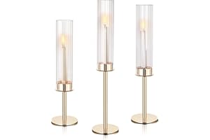 Ronasip Tall Hurricane Glass Candlestick Holders for Taper Candles Table Centerpiece Decor Wedding Christmas Home Celebration (3, Gold)